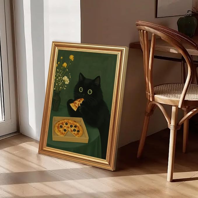 ICHZUMW Gold Framed Funny Black Cat Eating Pizza Canvas Wall Art, 16x24 In | Quirky Cat Print Humorous Animal Kitchen Wall Decor, Dining Room Bedroom Living Room, Fade Resistant, Ready to Hang