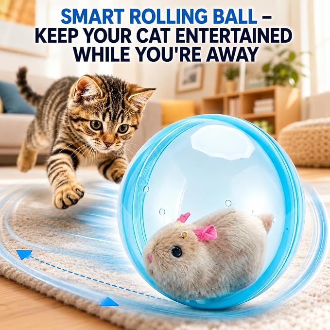 Self-Rolling Interactive Cat Ball, 2026 Realistic Animal Rolling Cat Ball 360° Spin Moving for Cats Dogs Chasing (Blue)