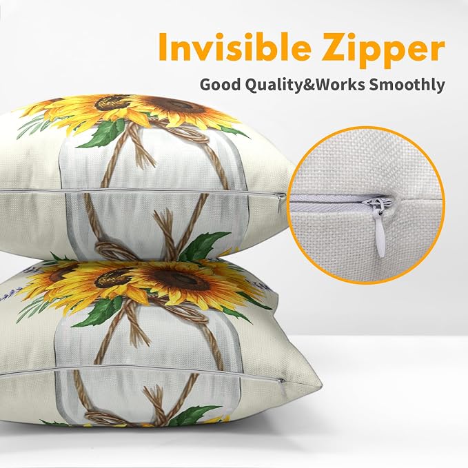 Kawani Spring Summer Sunflower Pillow Covers Set of 2, 20x20 Inch Yellow Purple Floral Jar Throw Pillowcases Cotton Linen Cushion Cover for Couch Sofa Bed Car Home Office Decor