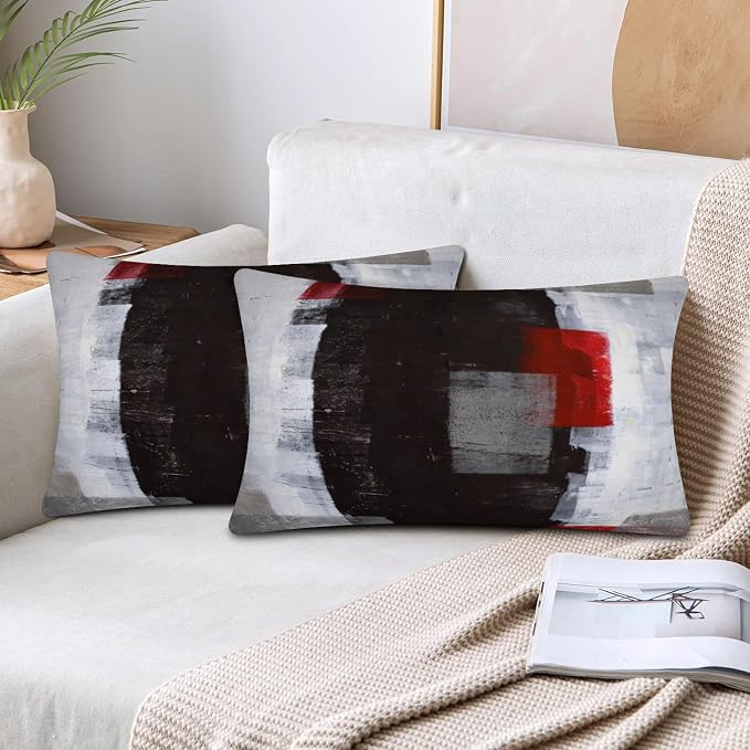 Red and Grey Abstract Art Pillow Cover, Modern Black White Decorative Throw Pillows Cushion Cover for Bedroom Sofa Living Room 12 x 20 Inch Set of 2