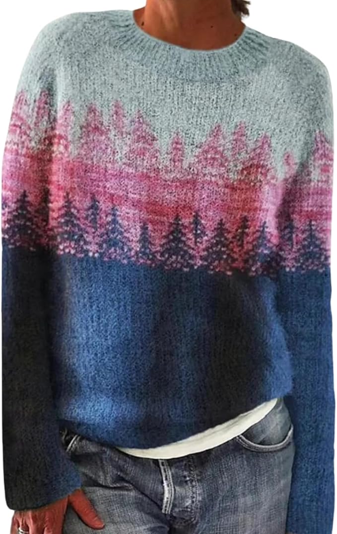 Zhyaj Fair Isle Sweater for Womens Winter Long Sleeve Vintage Knitted Sweater Casual Fall Crew Neck Pullover Sweaters