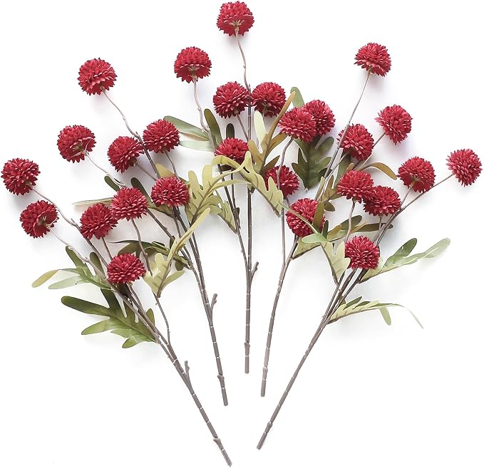 5pcs Dark Red Faux Silk Mums Artificial Flowers, Bulk Fake Small Mini Chrysanthemums with Stems for DIY Wedding Centerpieces Floral Arrangements Vase Fillers Home Decorations