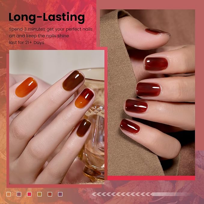 RARJSM Fall Jelly Gel Nail Polish Set 6pcs Clear Crytal Glass Orange Burgundy Red Gray Mauve Brown Series Transparent Sheer Amber Gel Varnish LED UV Curing Requires Soak off Autumn French Manicure