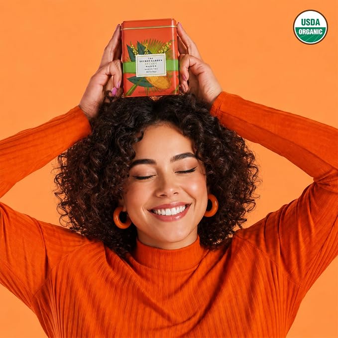 Life Plus Style Gourmet Secret Garden Organic Mango Green Tea Naturally Caffeinated Sugar-Free Non-GMO USDA Certified Premium Tea Tropical Fruit 50 Tea Bags Gift Tin
