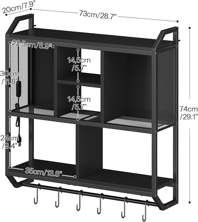 HOOBRO Gaming Floating Shelves with LED Lights, 28.7" LED Wall Mounted Shelf, 3-Tier Display Rack for Wall Storage, Floating Rack with Hanging Rod and 6 S-Hooks, for Gaming Room, Black BB70DBJ01