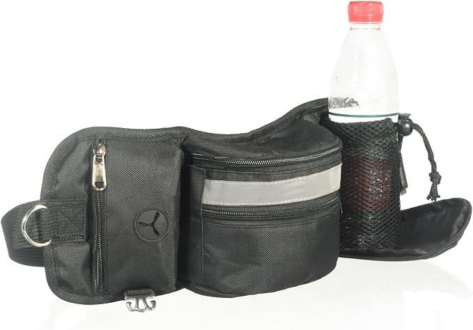Dog Walking Fanny Pack, Dog Treat Pouch for Training, Large Capacity Pet Treat Bag with Poop Bag Dispenser and Water Bottle Holder, Adjustable Strap (Black)