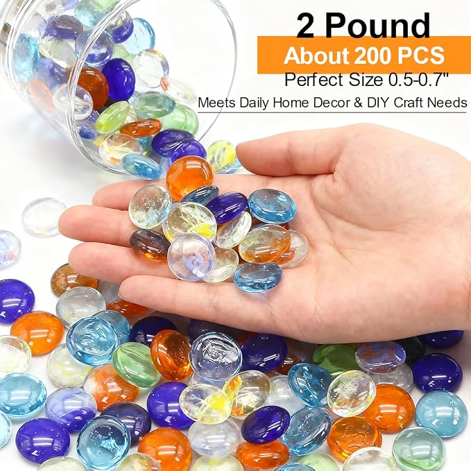 Decorative Glass Pebbles Flat Bottom Beads for Vase, Aquarium & Fish Tank | Mixed Color Glass Stones Vase Filler for Planter, Crafts, Home Art Decor (Mixed, 2 Pounds)