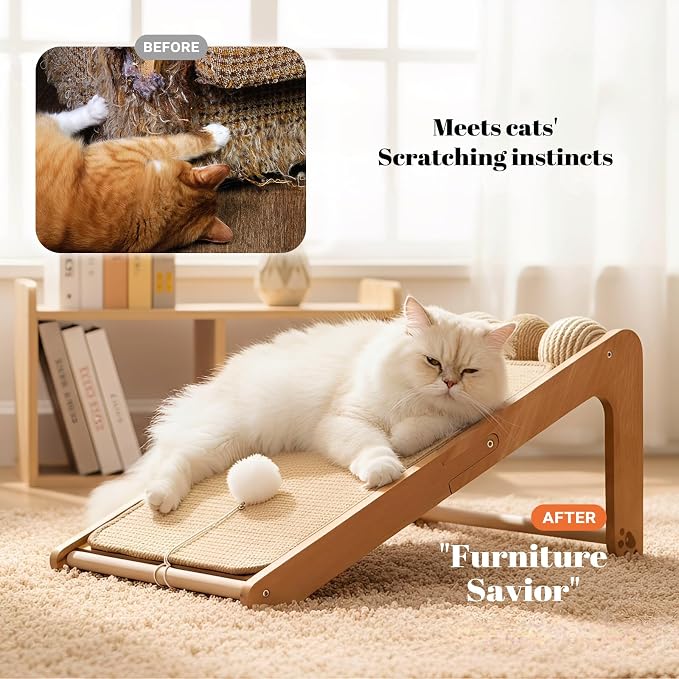 Sisal Cat Scratcher Ramp with Balls L-Shape Wooden(Upgraded) | 120° Dual-Use Cat Scratching Post. Built-In Ball Toy. Natural Sisal Scratch For Indoor. Protects Furniture. Quality Beech
