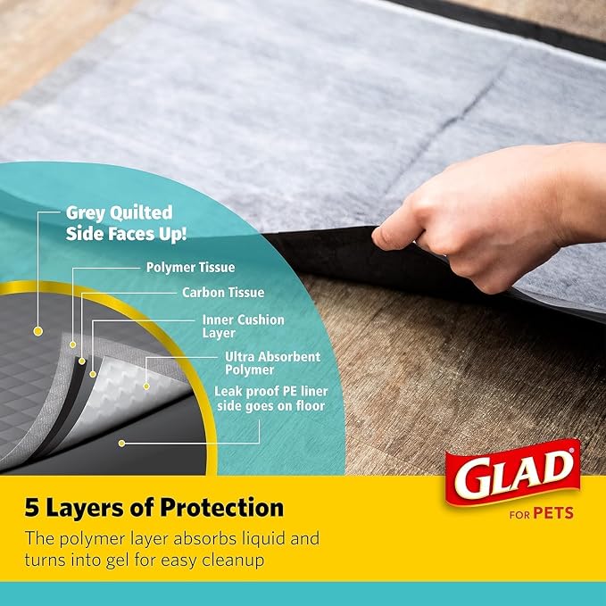 Glad for Pets Black Charcoal Puppy Pads, 17.5 x 23.5 Inch, 120 Count | Super-absorbent core, disposable design, 17.5x23.5 in, potty crate and indoor training