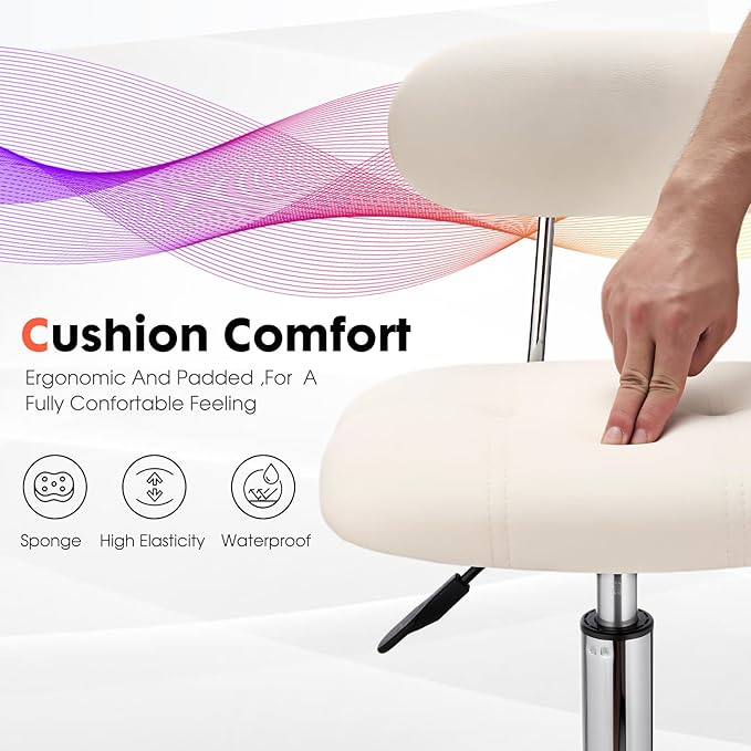Square Rolling Stool with Backrest Height Adjustable Chair Swivel Drafting Chair Stool Chair with Wheels Stable Base Foot White