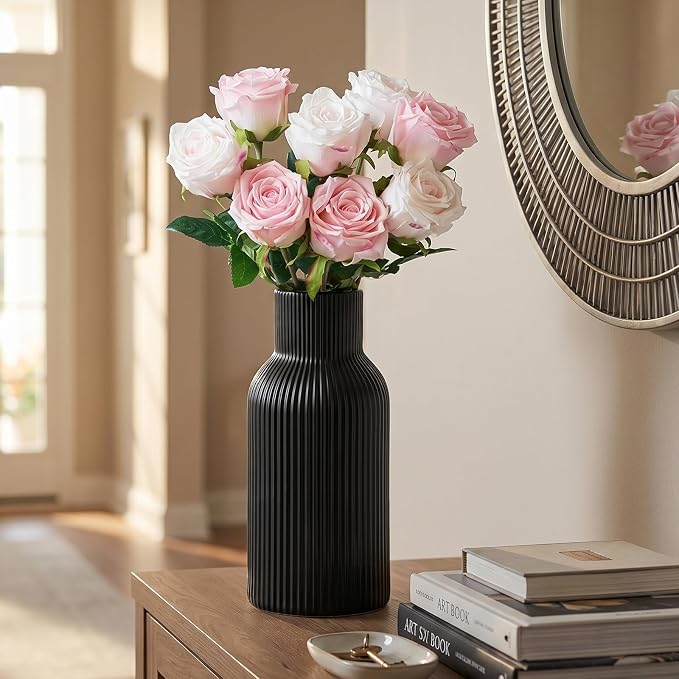 Black Ceramic Tall Vase,Modern Smooth Vertical Ribbed, Nordic Minimalist for Pampas, Dried & Fresh Flowers, Home Decor for Living Room, Coffee Table, Bookshelf, Entryway, Farmhouse
