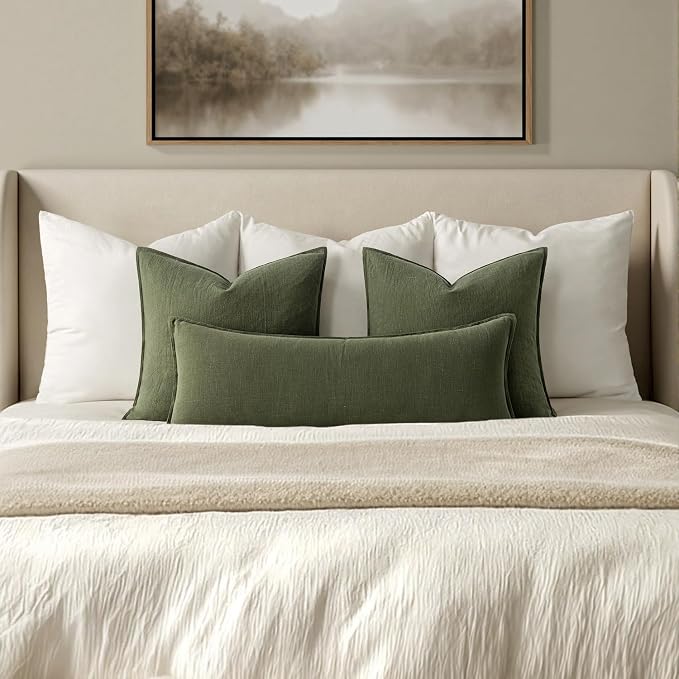 MIULEE Decorative Linen Lumbar Pillow Cover 14x36 Inch Dark Olive Green | Boho Farmhouse Neutral Couch Long Throw Pillow for Bed, Pack of 1 Accent Modern Pillowcase, Sofa Livingroom Home Decor