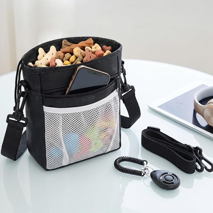 Dog Treat Pouch with Pet Training Clicker, Dog Puppy Training Treat Bag Poop Bag Dispenser Easily Carrying Kibble Snacks Pet Toys for Travel or Outdoor Use