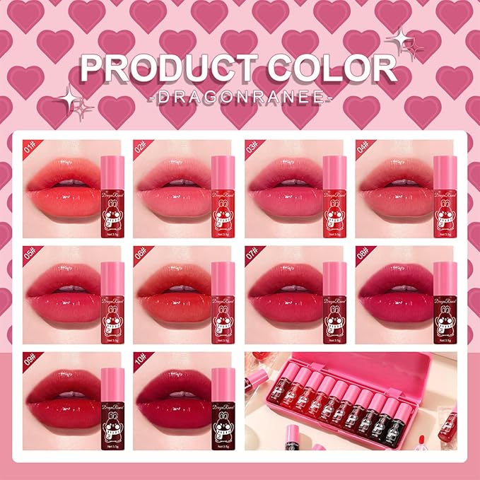 Eakroo 10 Colors Lip Tint Stain Set, Korean Lip Gloss Watery Lip Stain Moisturizing Mini Liquid Lipstick Set, Blush for Cheeks, Lipstick for Women, Non-Stick Cup, Long-Lasting, Vivid Color (Set B)