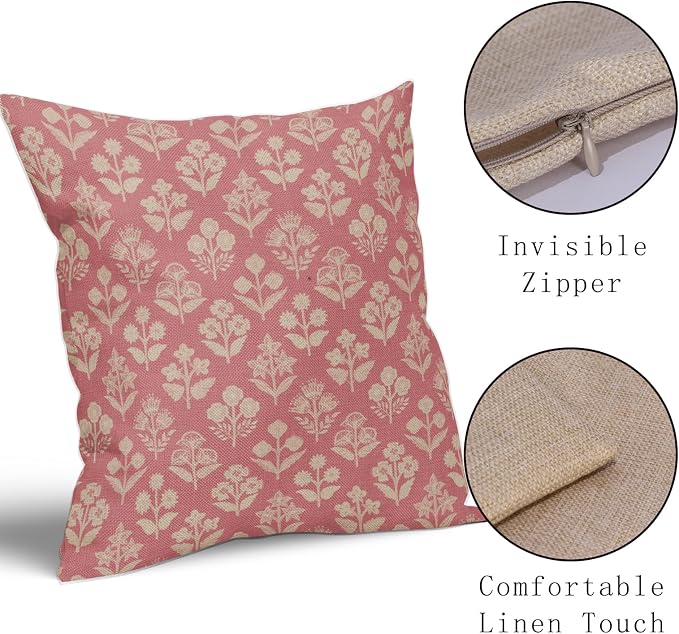 Pink Floral Block Print Pillow Covers 16x16 Inch Set of 2, Vintage Flower Pattern Decorative Throw Pillowcases Outdoor Farmhouse Cushion Covers Spring Summer Rustic Sofa Couch Bed Decor