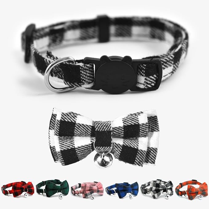 Plaid Breakaway Cat Collar with Bell & Removable Bow Tie – Cotton Kitten Collar with Bells for Boy Cats or Small Dogs. Adjustable Size 8-13.2in (Black)