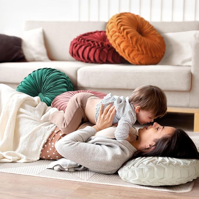 Teieas Round Throw Pillow Velvet Pleated Round Pillow Cushion | Boho pumpkin bed pillows,floor pillow for live room,couch,chair,bed, car,home decoration apricot 14.96''