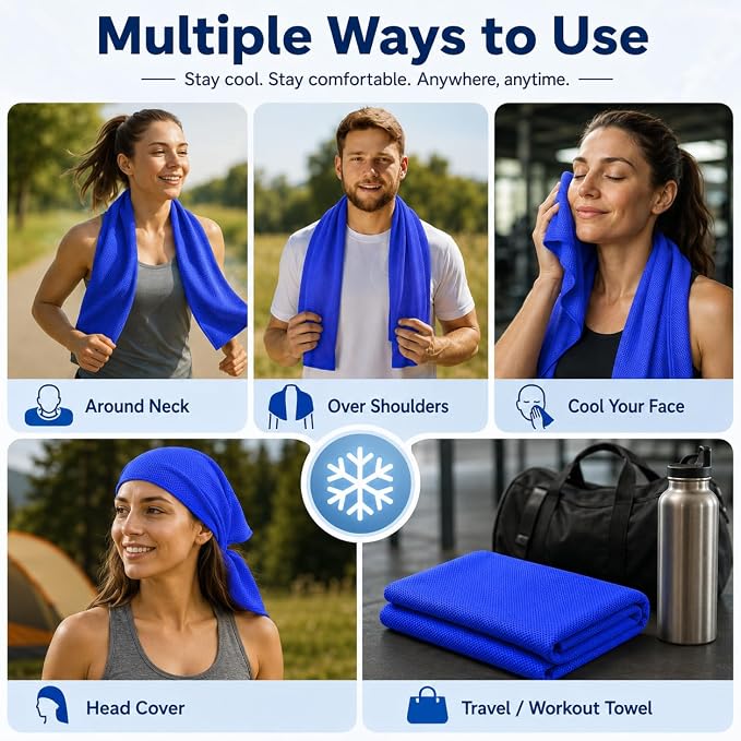 Cooling Towel for Neck and Face - 43.3" x 15.7" - Quick-Dry Microfiber - Ideal for Hot Weather, Gym, Fitness, Camping, Yoga Sport, Golf - Navy Blue