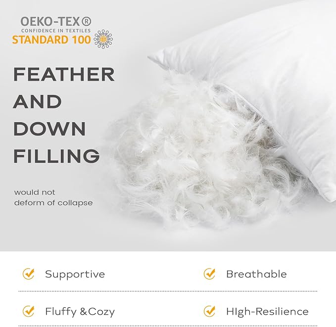 SAVORI Set of 2 Down and Feather Throw Pillow Inserts 18x18 Soft Fluffy Pillow Inserts with 100% Down-Proof Cotton Cover, Decorative Square Cushion Inner for Sofa Couch Bed-White