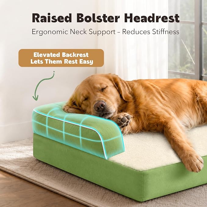 Orthopedic Waterproof Jumbo Dog Bed with Bolster for Extra Large Dogs | Pillow Support for Neck Relief, Egg Crate Foam, Waterproof Liner, Anti-Slip Bottom, Removable Bolster Cover, 53 x 42 Inch