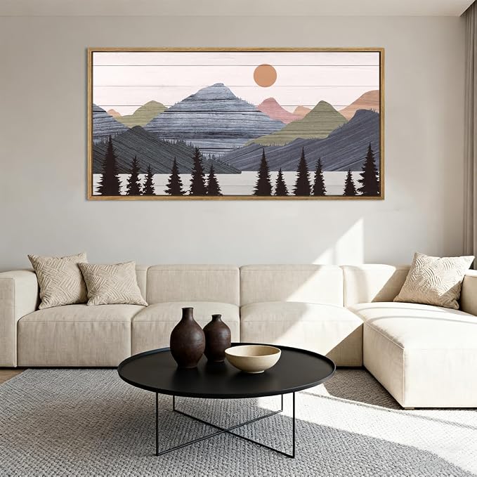 Framed Mountain Wall Art Pine Tree Forest Wall Decor Modern Mountain Range Painting 20x40 Inch for Living Room Bedroom Dining Room