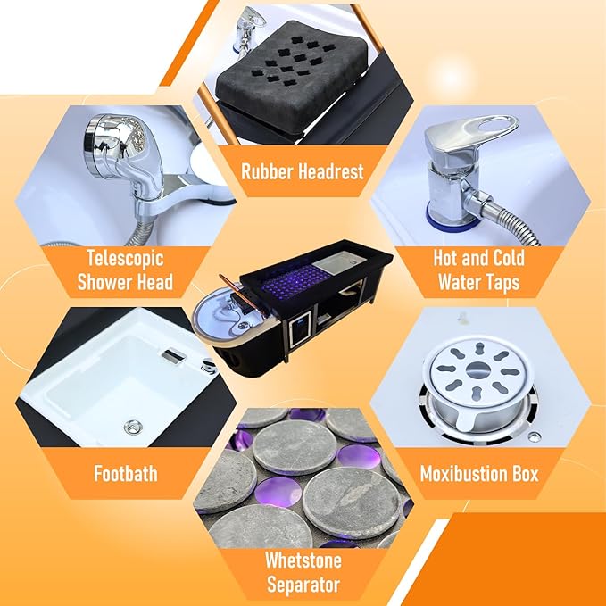 Head Spa Equipment with Footbath, Japanese Head/Feet/Back Massage Therapy Table, Moxibustion Moxa Shampoo Bed, with Foot Bath Basin, Bianstone Magnetic Therapy, for Spa Beauty Salon Barber
