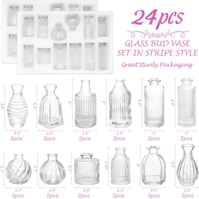 Bud Vases in Bulk 24, Small Glass Vase for Table Centerpieces | Vintage Vases Mini Clear Single Flower Vase Bulk for Wedding Decor Rustic Decorative Christmas Vases Set Home Decorations
