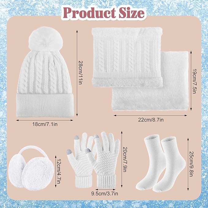 SATINIOR 5 Pcs Winter Hat Scarf Gloves Set Fleece Lined Knit Beanie Hat Warm Touch Screen Gloves Earmuff Warmer for Women(White,Beauty Style)