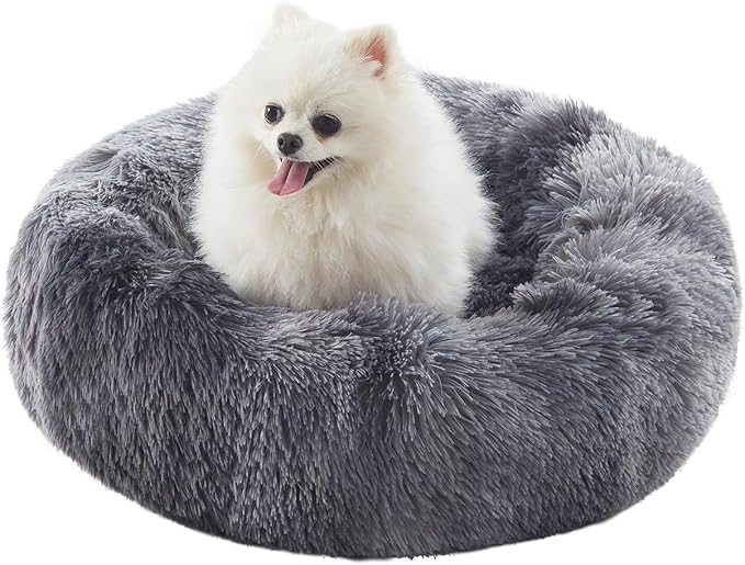 23 in Faux Fur Fluffy Donut Dog Bed for Small Dogs,Tie-dye Grey | Calming Plush Round Puppy Pet Bed with Removable & Washable Cover,Fits up to 25 lbs Pets