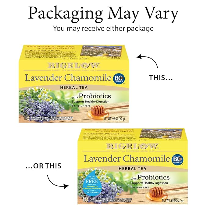 Bigelow Tea Lavender Chamomile Plus Probiotics Herbal Tea, Caffeine Free with Lavender Chamomile, 18 Count (Pack of 12)