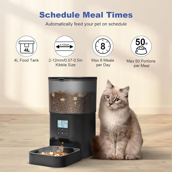 Automatic Cat Feeder, Cat Food Dispenser with 10s Voice Recorder, Pet Feeder up to 8 Meals per Day, Timed Feeder with Dry Food Sealed Ring
