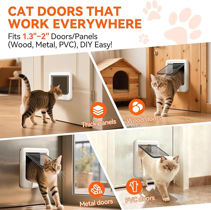 LIBBEPET Cat Door Interior Door, 4 Way Rotating Lock for Cat ≤11 lbs，Medium | Reinforced ABS Frame, Magnetic Auto-Reset Flap, Weatherproof Brush Strips, Fit for Interior and Exterior Doors 1.3"-2" Thick