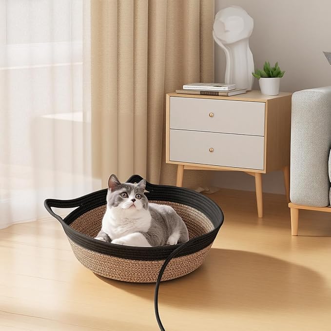 Cat Bed, Cotton Rope Instinct Basket for Cats, Handwoven Cat Beds | Stimuli Handwoven Basket for Cat, Pet Sleeping Bed with Rope Ball, Puppies, Rabbits and Small Pets(Large, Black & Brown)