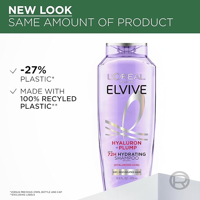 L'Oreal Paris Elvive Hyaluron Plump Hydrating Shampoo for Dehydrated, Dry Hair Infused with Hyaluronic Acid Care Complex, Paraben-Free, 12.6 Fl Oz