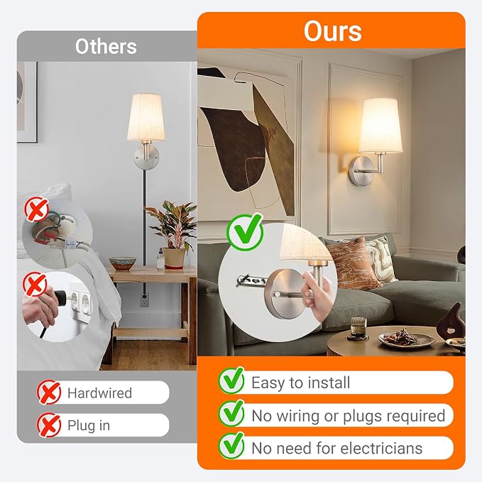 Wall Sconce Battery Operated Wall Light Fixure with Remote Control, Dimmable Battery Operated Wall Sconces Set Of Two, Indoor Wireless Wall Mounted Lamp with Rechargable Bulb For Bedroom Living Room