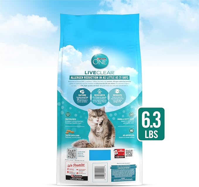 Purina ONE LiveClear Allergen-Reducing Cat Food Dry Formula with Real Chicken As The Number One Ingredient - 6.3 lb. Bag | Real chicken is the #1 ingredient, reduces allergens in cat hair and dander by 47%, includes DHA for cat vision support