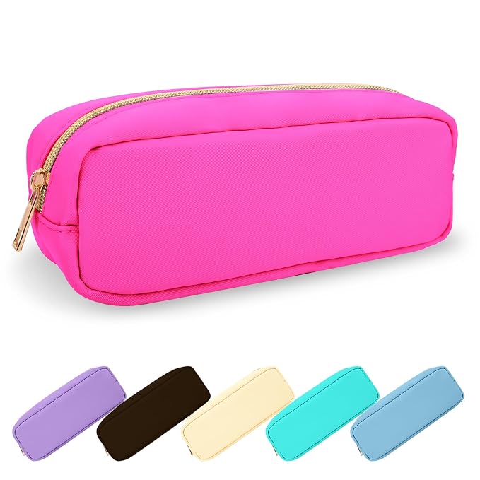 Small Pencil Case Makeup Bag for Purse, Cute Pencil Pouch Preppy Nylon Makeup Brush Bag with Zipper , Girls Portable Stationery Storage Case Small Pen Bag for Office School College(Slim-Bubblegum)
