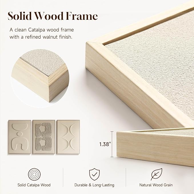 Thalasse Abstract Wall Art Large Framed 3D Sandstone 24x36 In | Wabi Sabi relief panels, solid wood frame, minimalist living room hallway entryway decor, 3 piece set