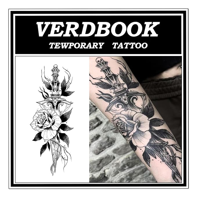 Waterproof Temporary Tattoos: 2-Sheet Tattoo Kit with Realistic Body Stickers, Semi-Permanent Tattoos for Adults Lasting 7-15 Days – Safe for Men & Women, Blade & Blossom