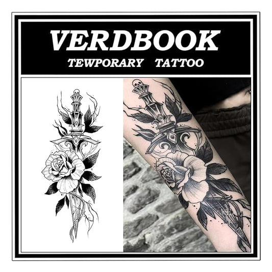 Waterproof Temporary Tattoos: 2-Sheet Tattoo Kit with Realistic Body Stickers, Semi-Permanent Tattoos for Adults Lasting 7-15 Days – Safe for Men & Women, Blade & Blossom