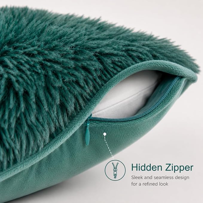 REAFORT Long Hair Faux Fur Euro Sham Cover 26"x26" Hidden Zipper,Evergreen | Ultra-soft plush faux fur with a hidden zipper adds luxurious comfort and is machine washable for easy care.