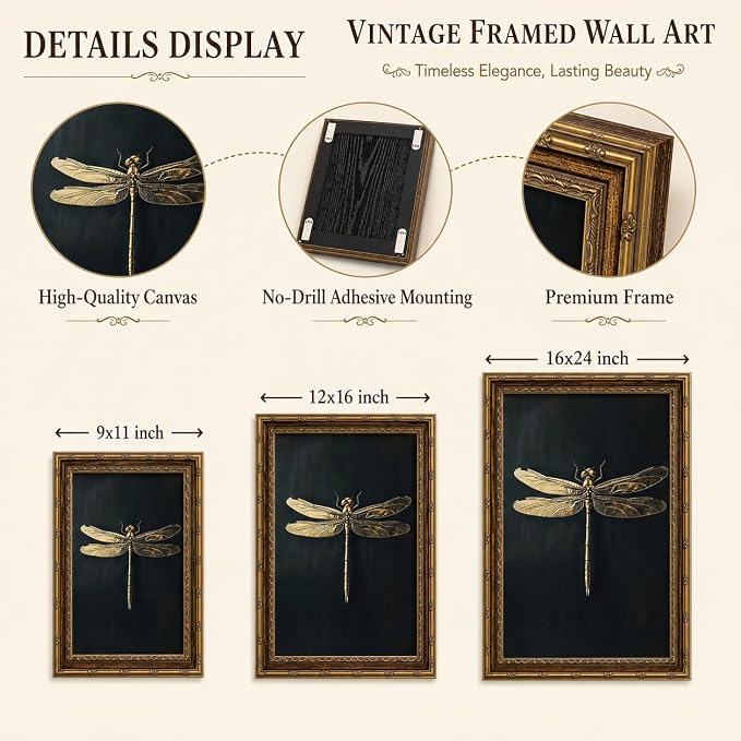 Vintage Framed Dragonfly Picture Wall Art,Gothic Insect Wall Decor16X12in | Dark Retro Farmhouse Style For Ideal For Bedroom, Study, Hallway, Office Or Entryway.