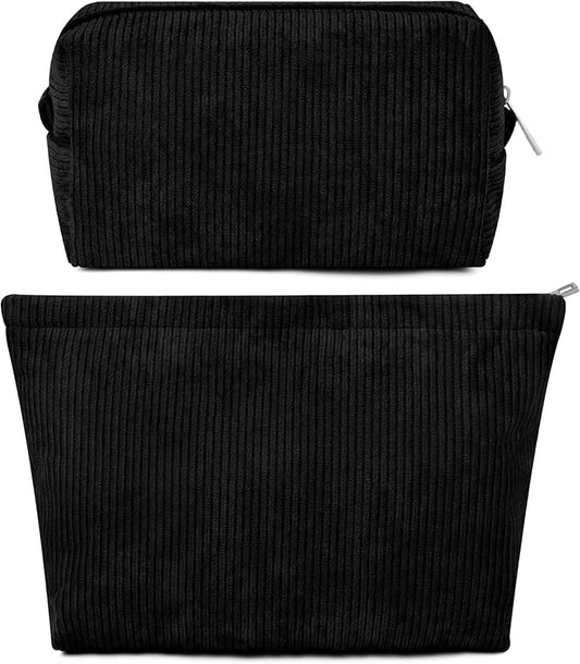 SOIDRAM 2 Pcs Corduroy Makeup Bag Large Cosmetic Bag Toiletry Bag Makeup Pouch Travel Bag Organizer Cute Makeup Brushes Aesthetic Accessories Storage Bag for Women Black