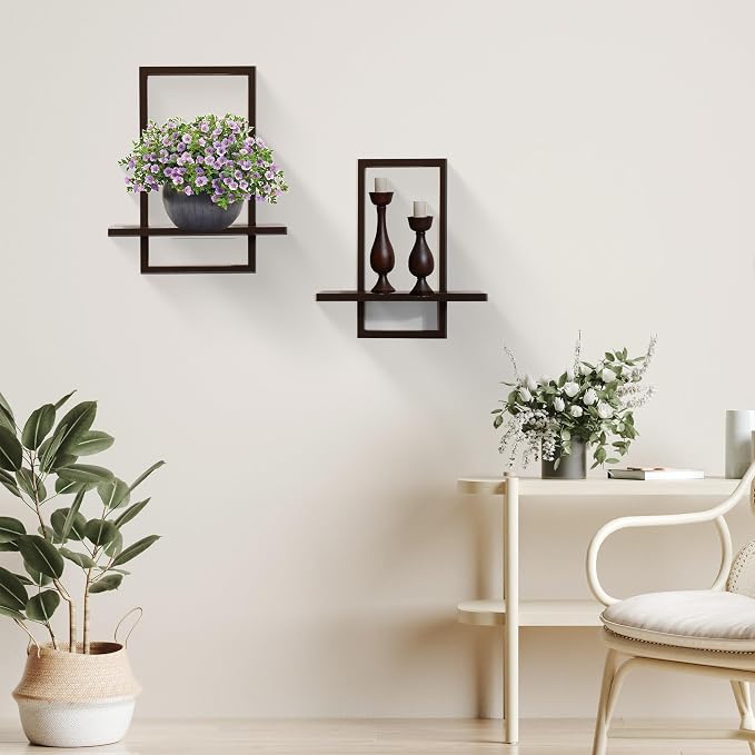 Floating Shelves for Wall,Decorative Wall Shelves,Plants Shelf Framed | Square Wall Decor,Art Sconces Artificial Vases Hanging Storage Shelf for Bathroom Living Room Modern Elegant,Wood,L+S,Walnut