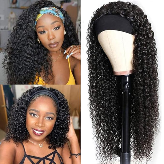 Human Hair Headband Wig Curly Human Hair Wigs for Black Women Brazilian Virgin Hair Glueless None Lace Front Wigs 150% Density (16" Headband wigs)