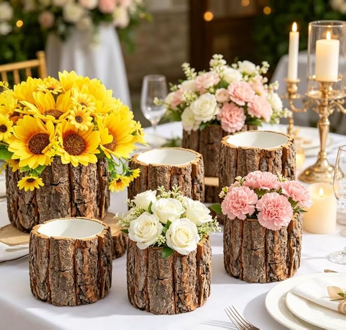 12 Set 3.5in Wooden Vases for Centerpieces, Wedding Flower Table Wood Vase Rustic Tree Stump Planter Pots with Foam Blocks for Woodland Party Home Farmhouse Table Decor (12 Set with Flower Foam)