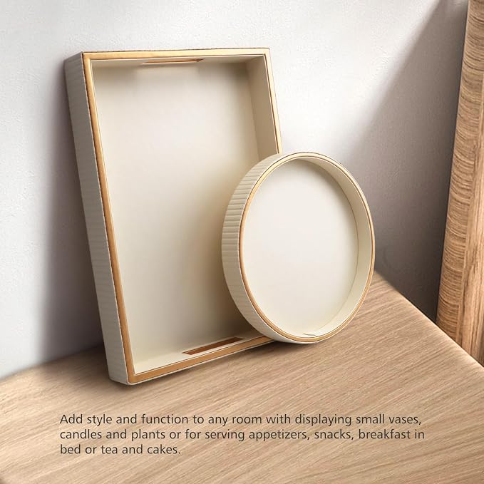 Leather Tray Desktop Storage Organizer, Decorative Tray Set, White | Premium Serving Trays Valet Tray for Sundries Cosmetics Phone Wallet Cutlery, Set of 2, White Holder with Disc