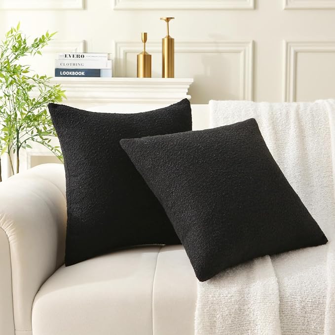 Complete Throw Pillows with Inserts, Set of 2 Decorative Throw Pillow-Boucle-18 x 18"-Square Boho Pillows for Couch, Patio, Bed, Sofa Decor (Black, 18" x 18"(Pack of 2))