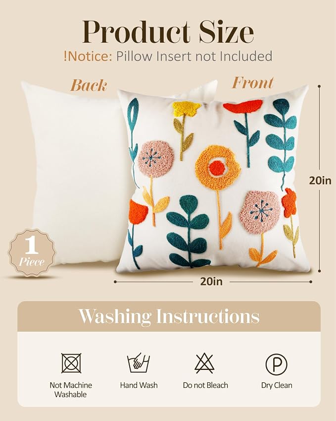 Embroidered Throw Pillow Cover - 20x20 Decorative Pillow Cover with Zipper Aesthetic Cute Design Boho Spring Summer Cozy Throw Pillowcase for Living Room Couch Sofa Bed, Plants