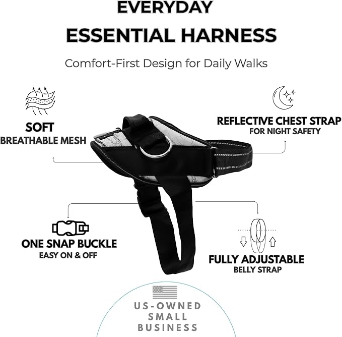 ShawnCo Essential Dog Harness, No-Pull Pet Vest (White Marble,XS) | 3 Leash Clips, Easy On, No-Choke, Reflective, Adjustable Fit, Padded Comfort, Control Handle, For Small, Medium & Large Dogs